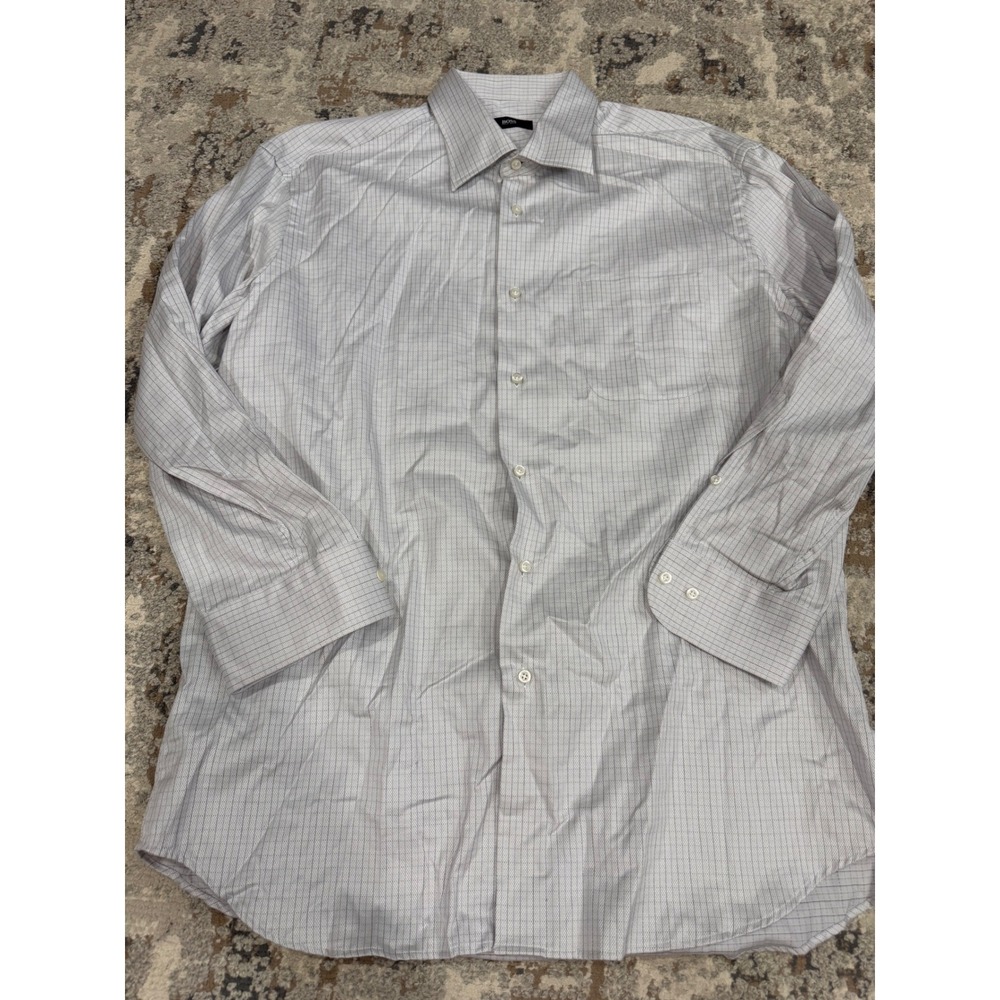 Hugo Boss Mens 17 32/33 Purple White Micro Grid Check Cotton Dress Shirt L/S - Picture 1 of 11